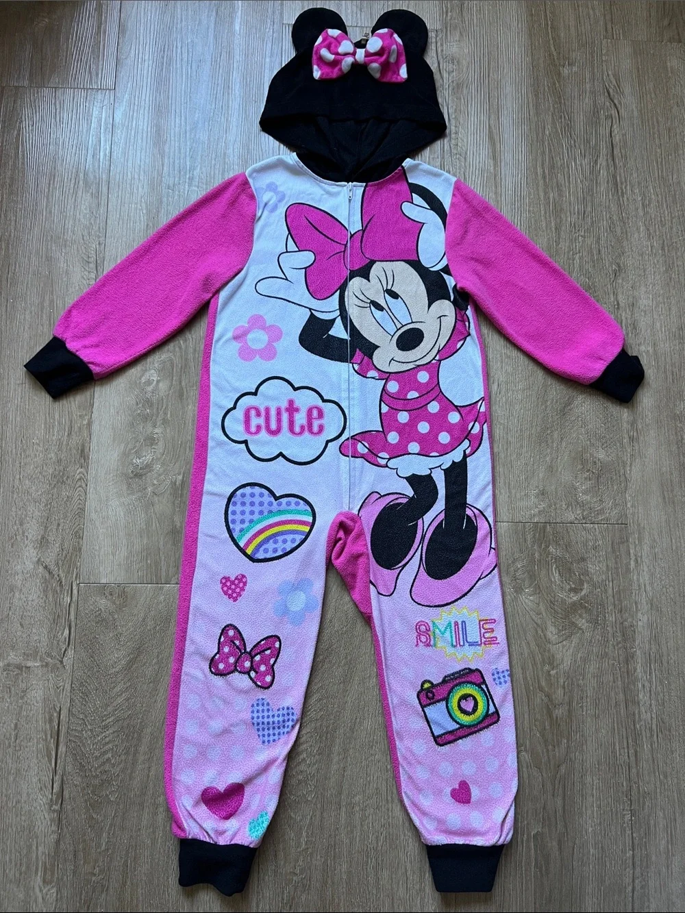 Disney Girls Minnie Mouse Multicolor Hooded Onesie Pajamas Size 6